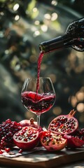 An inviting image of red wine being poured into a glass, accompanied by fresh pomegranates and grapes, creating an atmosphere of luxury and relaxation perfect for culinary or lifestyle applications.