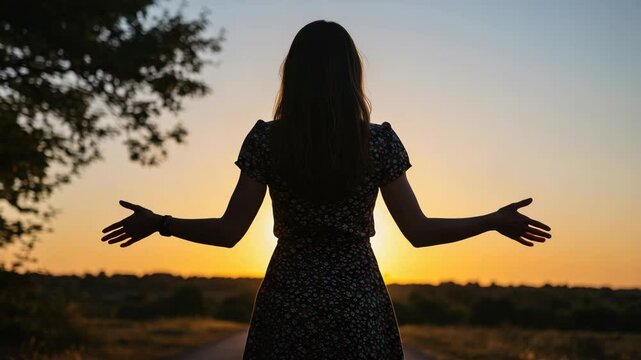 Woman with arms outstretched enjoying sunset in outdoor landscape  