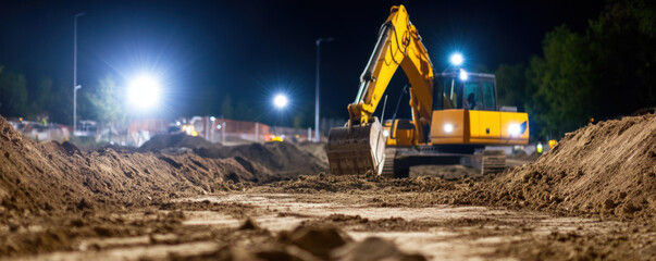 Excavator operates at night on construction site, illuminated by bright floodlights, showcasing machinery powerful movement through dirt and gravel