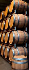 Stacked Wooden Barrels in a Cellar