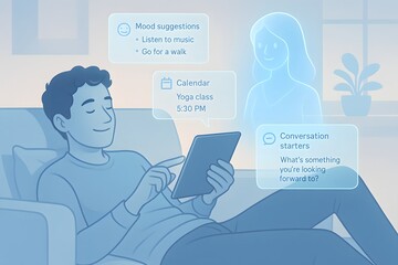 Man Relaxing on Couch with Tablet and Virtual AI Assistant Displaying Mood Tips, Calendar, and Conversation Starters in Futuristic Interface