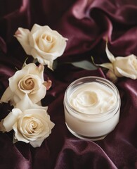 This elegant image showcases a creamy facial moisturizer alongside beautifully arranged fresh roses, encapsulating a sense of luxury, beauty, and self-care in skincare routines.