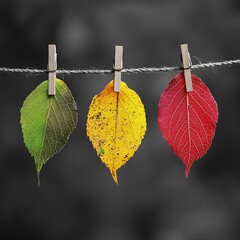 A striking image features three unique leaves—green, yellow, and red—held up by clothespins on a wire, showcasing the vibrant colors of autumn and the transition of seasons.
