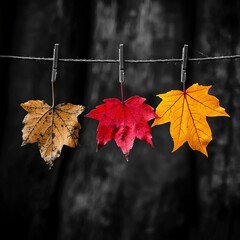 Three hanging leaves in beautiful autumn shades of red, orange, and yellow, symbolizing the beauty of seasonal change, captured elegantly against a blurred backdrop.