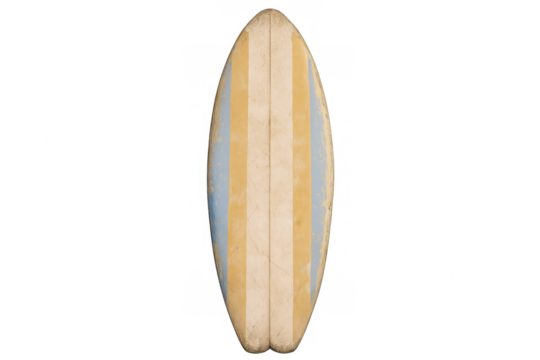 Classic surfboard with weathered paint and scratches, isolated on a transparent background, ready for surfing adventures