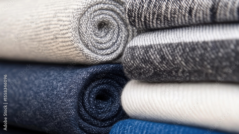 Poster Soft textiles rolled neatly in various colors and patterns, showcasing blend of textures and materials. Ideal for fashion and interior design projects
