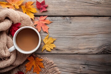 A warm mug of coffee sits atop a rustic wooden table, surrounded by vibrant autumn leaves and a cozy knitted blanket, perfectly capturing the essence of fall and comfort.