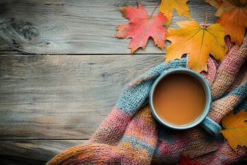 A relaxing coffee moment captured with a cozy mug and soft pink knitted blanket, surrounded by colorful autumn leaves, embodying warmth, relaxation, and the beautiful fall season.