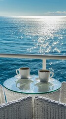 Two white cups of coffee sit elegantly on a glass table with a breathtaking ocean view in the background, offering an invitation to relaxation and togetherness by the seaside.