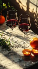 Two elegant wine glasses filled with deep red wine sit on a marble table, accompanied by fresh oranges, creating a warm atmosphere filled with shadows that evoke relaxation and indulgence.