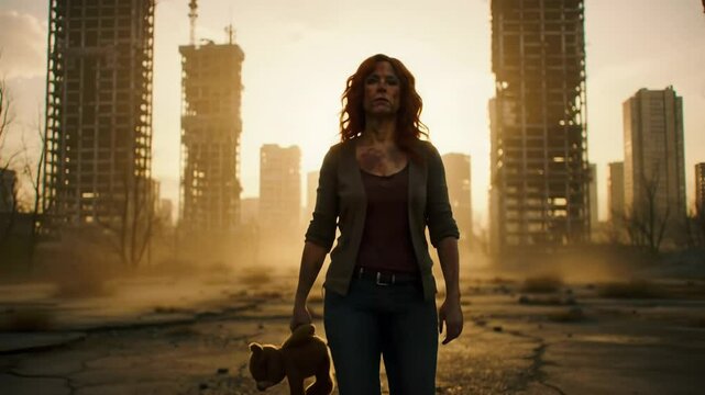 Lone woman walking slowly through empty ruins of an abandoned city, holding a teddy bear in one hand and looking around with quiet uncertainty