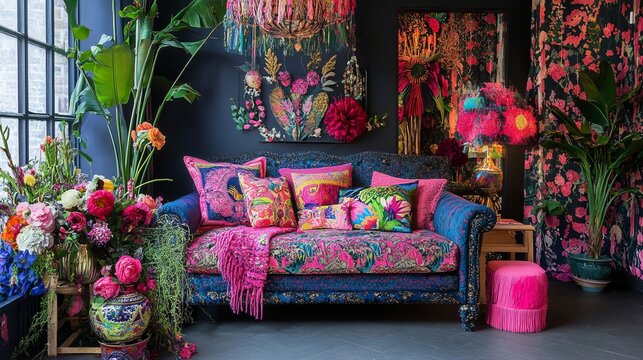 A vibrant living room, richly decorated with colorful textiles, lush plants, and eclectic accessories, showcasing a bold and eclectic interior design style