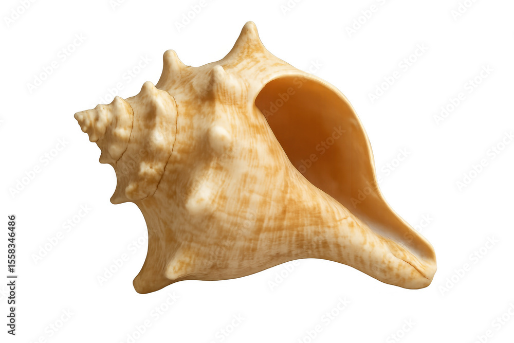 Poster large conch shell photographed in studio, displaying intricate spiral pattern and smooth surface aga