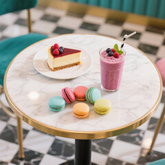 Colorful Macarons and Cheesecake on Marble Table in Dessert Cafe