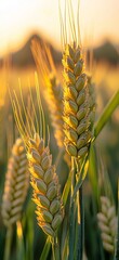 This enchanting image captures golden wheat spikes standing tall against a soft sunset backdrop, showcasing the intricate beauty of nature and the bounty of the harvest season.