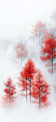 A breathtaking winter landscape featuring vibrant red trees emerging from a soft, ethereal fog captures the beauty of nature's transient moments in a serene setting.