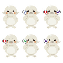 ○×△の札を持った赤ちゃんアザラシのキャラクターイラストセット