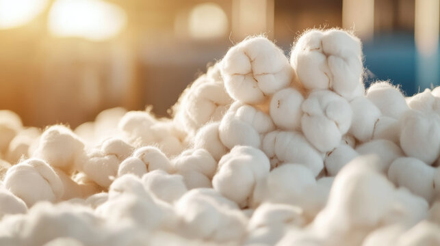 Soft cotton fibers are piled together, showcasing their natural texture and purity. warm sunlight enhances scene, creating serene and inviting atmosphere