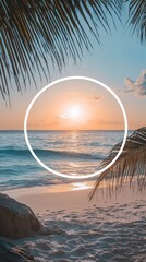 A cozy sunset over a serene ocean, framed by palm trees, merges vibrant colors to create a perfect moment of relaxation, evoking feelings of peace and tranquility.