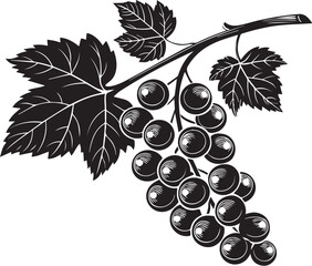 Black silhouette of bunch of grapes with stem, vector fruit icon symbol for vineyard, wine, harvest, organic food, nature, healthy eating, agriculture, botanical, and fresh produce

