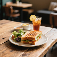 Grilled Panini Sandwich with Salad and Lemon Tea in Cafe Setting