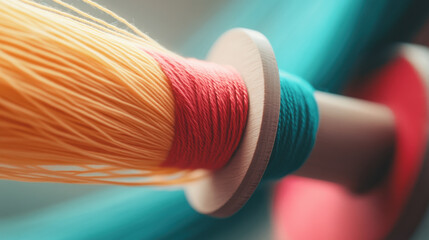 Vibrant colored yarn spools showcase beautiful array of hues, including yellow, red, and teal. intricate details of threads create visually appealing composition, perfect for textile enthusiasts