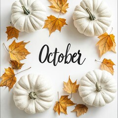A delightful arrangement of white pumpkins surrounded by vibrant autumn leaves, capturing the essence of October and the warmth of the fall season with rustic charm and seasonal aesthetics.