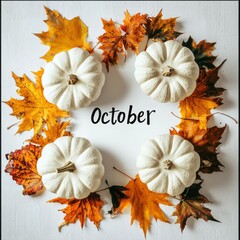 An engaging perspective of white pumpkins artfully placed among fallen leaves, embodying the spirit of October and illustrating the beauty of the harvest season in a rustic style.