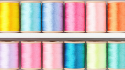 Brightly colored spools of thread arranged neatly in row, showcasing vibrant spectrum of hues including yellow, blue, pink, and green. organized display evokes sense of creativity and inspiration