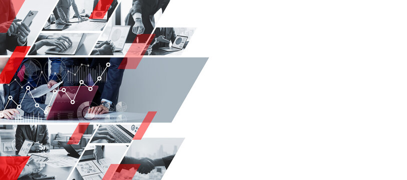 Collage of various business scenes. Wide angle visual for banners or advertisements.