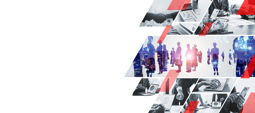 Collage of various business scenes. Wide angle visual for banners or advertisements.