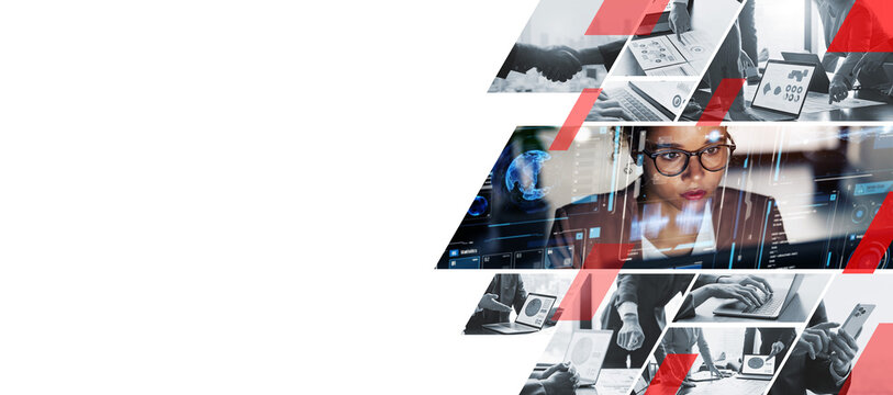 Collage of various business scenes. Wide angle visual for banners or advertisements.