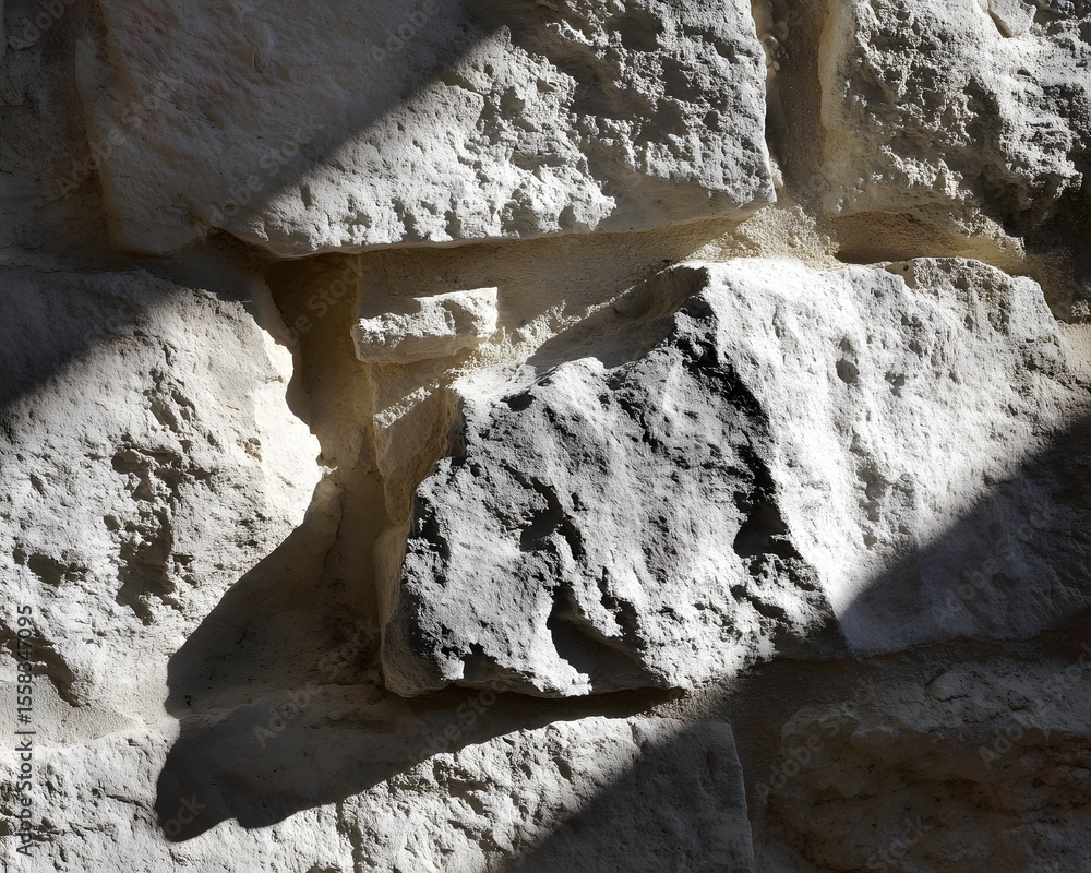 Poster textured stone wall with shadows creating depth, highlighting natural patterns and colors