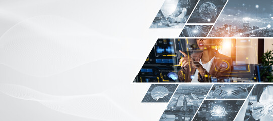 A collage of various technology images. Wide angle visual for banners or advertisements.