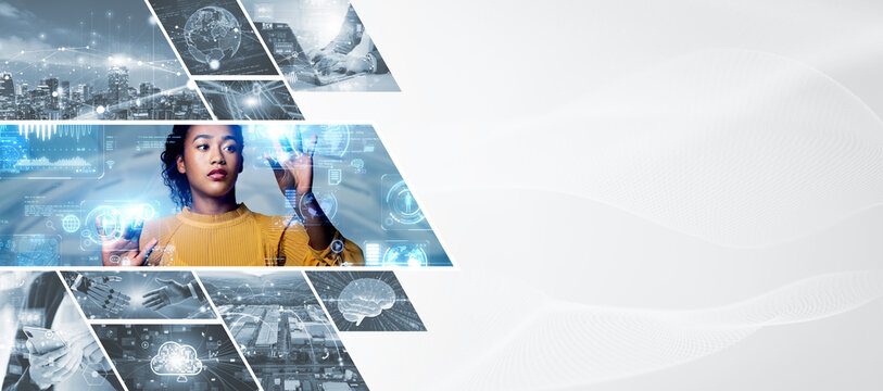 A collage of various technology images. Wide angle visual for banners or advertisements.