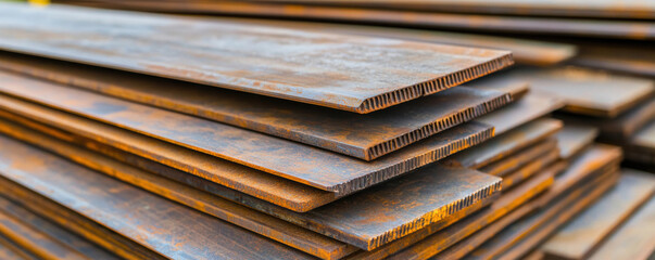 Stack of steel sheets with weathered appearance, showcasing rust and texture, arranged in neat pile. industrial setting highlights material durability and strength