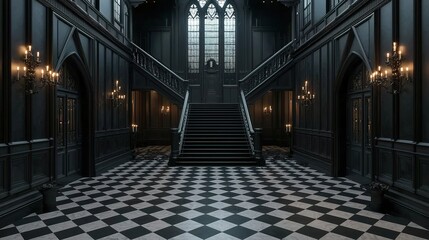 A grand, dark, vintage mansion foyer with checkered flooring, dramatic staircase, gothic windows, and ornate wall sconces.