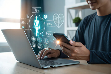 Young man using smartphone and laptop with futuristic digital health interface, remote wellness data and body diagnostics