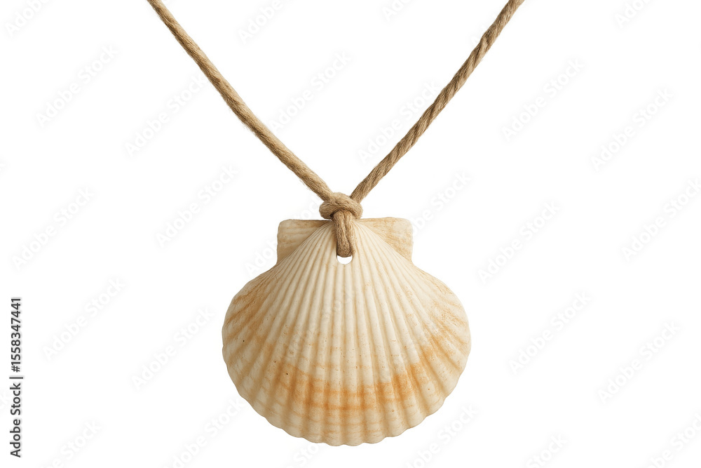 Poster seashell suspended from delicate rope, showcasing curved lines and textural details against pristine