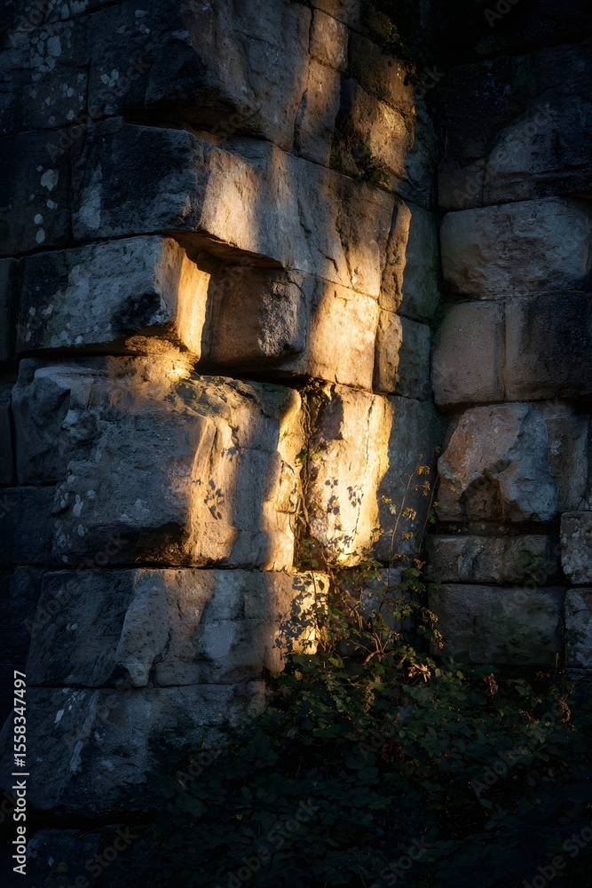 Poster sunlight illuminating ancient stone wall with shadows and greenery, creating a serene atmosphere