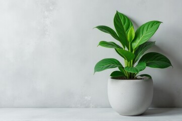 Fototapeta premium A small potted plant sits on a table against a wall, awaiting care