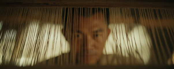 Technician performing maintenance high speed weaving machine focused expression intricate threads textile production craftsmanship industrial setting attention to detail skilled labor traditional