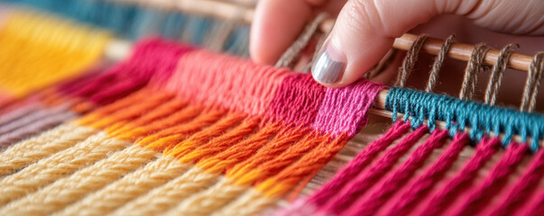 Weaving colorful threads with hand gently adjusting yarn on loom, showcasing intricate process of textile creation and craftsmanship