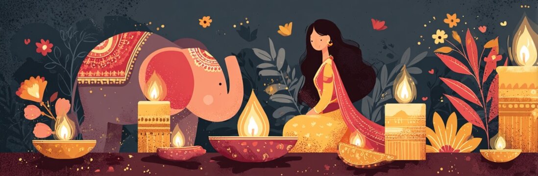 Happy Diwali. Indian festival of lights. Vector abstract flat illustration for the holiday, lights, elephant, Indian woman and other objects for background or poster. High quality
