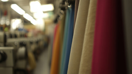 Textile factory floor with colorful fabric rolls hanging, sewing machines in background, creating vibrant and productive atmosphere. scene captures essence of textile production
