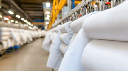 High quality rolls of white fabric are neatly arranged in textile factory, showcasing well organized production environment. scene reflects efficiency and precision of textile manufacturing
