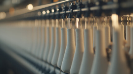 Automated textile production line showcasing spools of thread factory setting, emphasizing efficiency and modern manufacturing techniques. scene captures intricate details of machinery