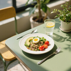 Healthy Quinoa Salad with Lemon Water on Cafe Table