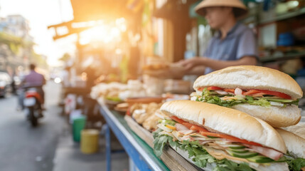 Vendor prepares delicious banh mi sandwich at bustling street stall in Saigon, showcasing fresh ingredients and vibrant colors under warm sunlight