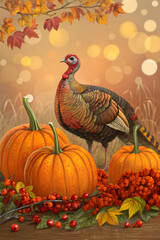 Autumn Turkey with Pumpkin Harvest Photo